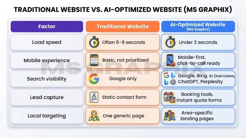 Comparison table titled Traditional Website vs. AI-Optimized Website (MS Graphix), comparing load speed, mobile experience, search engine visibility across Google, Bing, ChatGPT, and Perplexity, lead capture, and local targeting.