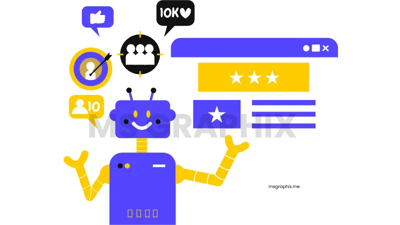 Vector illustration by MS Graphix featuring a friendly AI robot managing website content, user engagement metrics, and audience targeting.