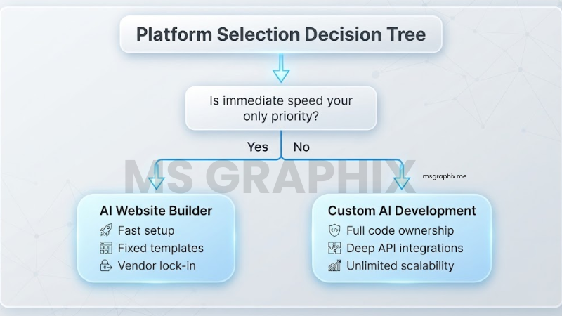 Flowchart titled Platform Selection Decision Tree, comparing template-based AI Website Builders with Custom AI Development based on speed, code ownership, and scalability.