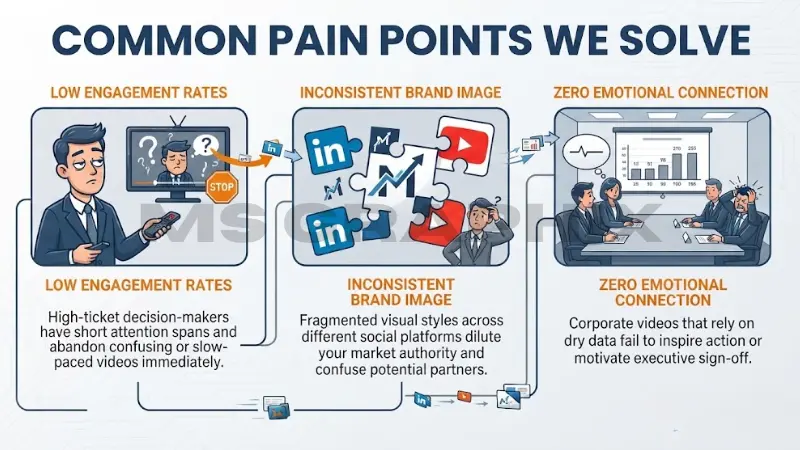 Infographic titled Common Pain Points We Solve by MS Graphix, illustrating three digital marketing challenges: Low Engagement Rates, Inconsistent Brand Image, and Zero Emotional Connection.
