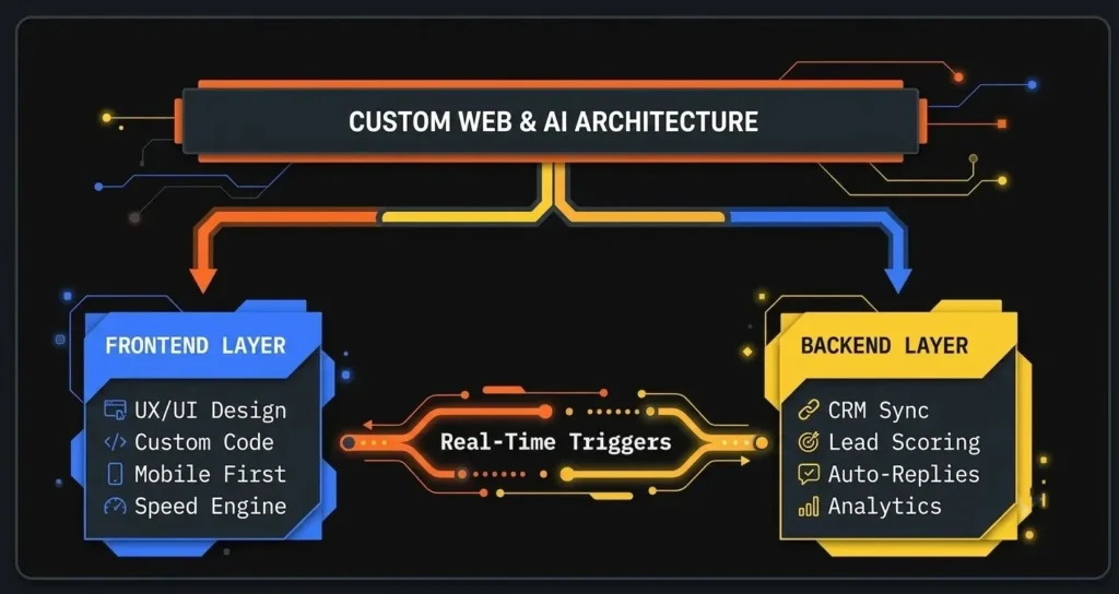Diagram showing a Custom Web and AI Architecture layout. The blue Frontend Layer highlights UX/UI design, custom code, mobile-first responsiveness, and speed engine. The yellow Backend Layer includes CRM sync, lead scoring, auto-replies, and analytics, both connected by real-time trigger pipelines.