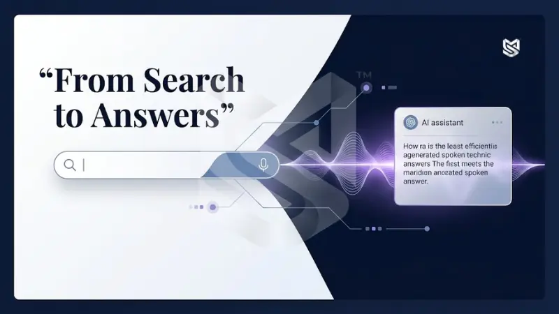 From Search to Answers" alongside a search bar and an AI assistant dialogue box representing modern generative search and answer engine optimization.