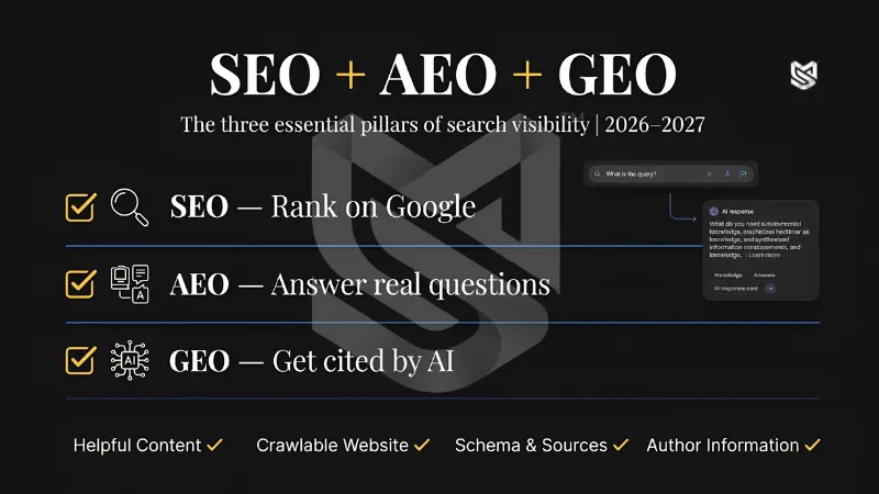 SEO + AEO + GEO: The three essential pillars of search visibility | 2026–2027, breaking down SEO for Google rankings, AEO for answering real questions, and GEO for AI citations alongside foundational technical pillars like helpful content and schema markup.