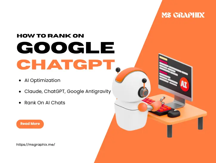How To Rank On Google ChatGPT featuring an illustrated AI robot typing at a computer desk, bullet points covering AI optimization and ranking on AI chats, and the website URL msgraphix.me.